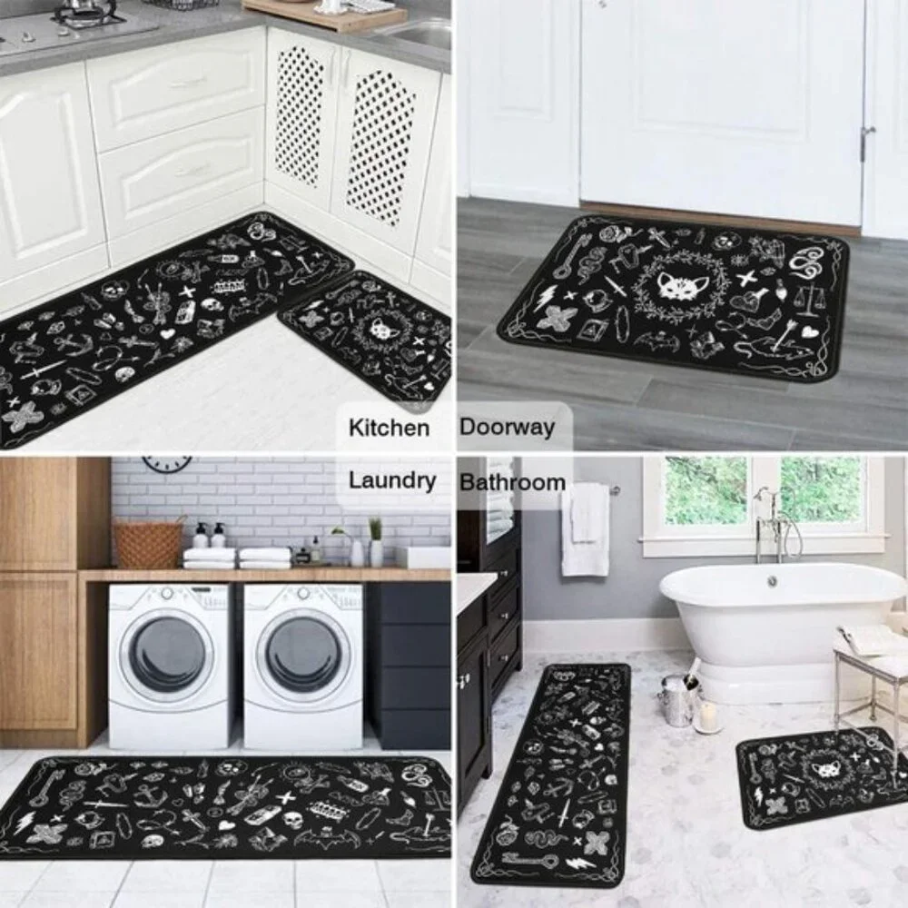 New Set of 2 Black Kitchen Mat with Rubber Backing, Non-Slip, Washable Rugs Set